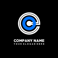 Initial lowercase letter EA, linked circle outline logo elegant, color white, blue on black background