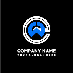 Initial lowercase letter EW, linked circle outline logo elegant, color white, blue on black background