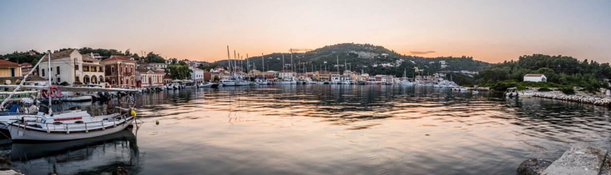 Paxoi port Gaios at sunset on a summer day, Ionian islands, Greece