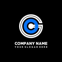 Initial lowercase letter GO, linked circle outline logo elegant, color white, blue on black background
