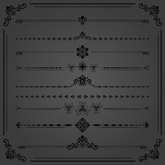 Vintage set of vector decorative elements. Horizontal separators in the frame. Collection of different ornaments. Classic patterns. Set of black vintage patterns