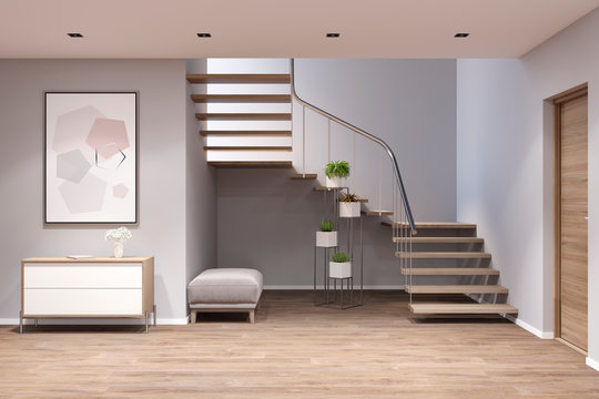 3d illustration. Entrance hall with stairs, picture, stand, bench and plants. Front view