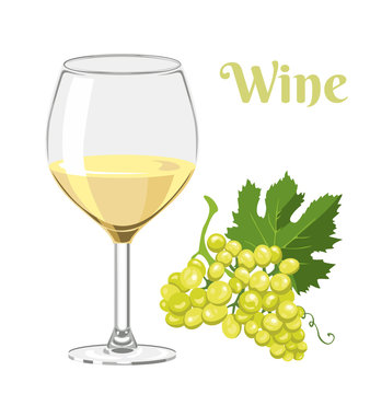 Glass with white wine and bunch of grapes isolated on white background. Vector illustration of a liquor in cartoon simple flat style. Delicious festive heady drink.