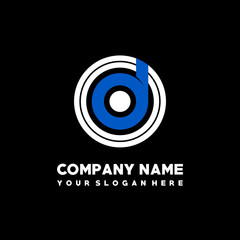 Initial lowercase letter OD, linked circle outline logo elegant, color white, blue on black background