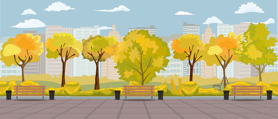 Cartoon autumn park panorama with walkway bench and bins. Fall street yellow tree path panoramic landscape. Vector illustration. © zeynurbabayev