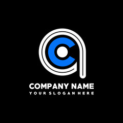 Initial lowercase letter QC, linked circle outline logo elegant, color white, blue on black background