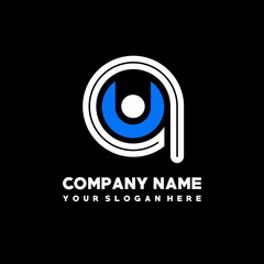 Initial lowercase letter QU, linked circle outline logo elegant, color white, blue on black background