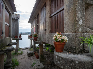 Fototapeta na wymiar flower pots surrounding traditional granaries or horreos in the fishing village of Combarro, Spain