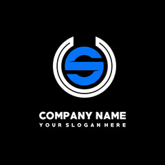 Initial lowercase letter US, linked circle outline logo elegant, color white, blue on black background