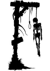 Hanged skeleton silhouette Illustration a fantasy horror gallows and a hanged skeleton - obrazy, fototapety, plakaty