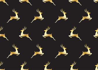 Seamless pattern of golden christmas deers on black background - Vector illustration