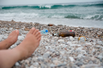 Fototapeta na wymiar Garbage on beach, environmental pollution