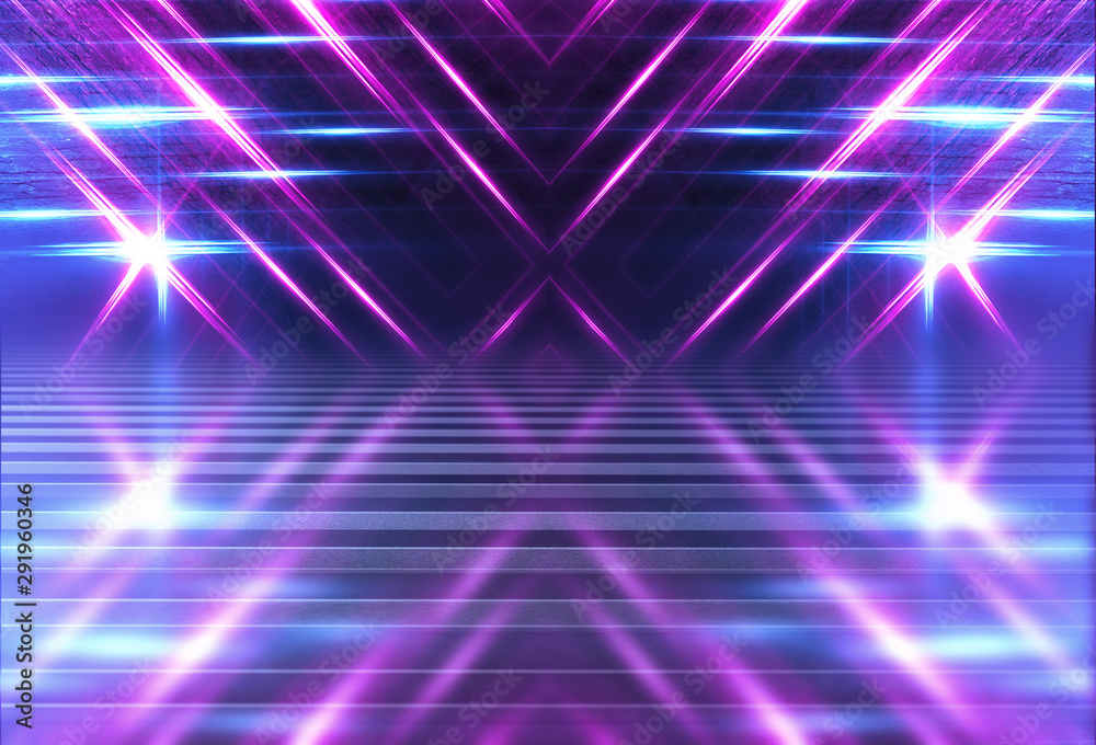 Aufkleber Empty background scene. Dark street reflection on wet asphalt. Rays of neon light in the dark, neon shapes, smoke. Background of an empty stage show. Abstract dark background.