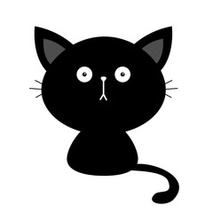 Black cute sitting Cat baby kitten silhouette. Kawaii animal. Cartoon kitty character. Funny face with eyes, mustaches, nose, big ears. Love Greeting card. Flat design. White background Isolated.