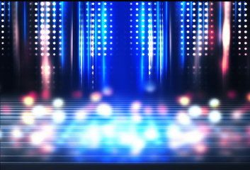 Abstract background. Dark empty stage, multi-colored rays of a neon searchlight, wet asphalt,...