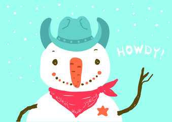 Snowman in western cowboy clothes. Vector Merry Christmas card with winter snow background and text
