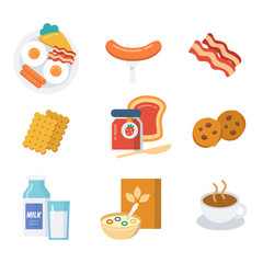 Breakfast icon set, flat style, black and white. Food and drink concept. Vector illustration