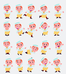 Cartoon character chef. Set with different postures, attitudes and poses, doing different activities in isolated vector illustrations.