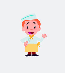 Chef waving, happy.