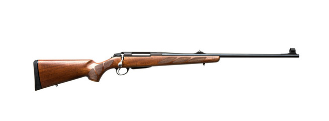 Modern bolted hunting rifle with a wooden butt isolate on a white background. Weapons for hunting and sports. Luxury weapons for collection and hunting