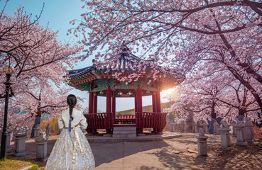 Young Girls with Korean national dress at Spring time Seoul South Korea