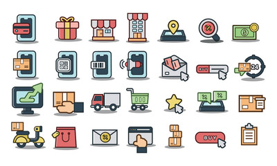 Set of online shopping, delivery, online marketing, e-commerce icon. vector illustration