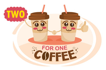 Two-for-one coffee. Buy two get one free coffee concept illustration. Funny cartoon characters coffee cup holding a sign with special offer. Coffee discount concept.