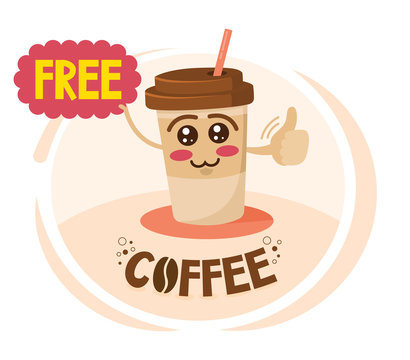 Funny cartoon character coffee cup holding a sign with special offer. Free Coffee discount concept.