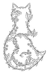 Illustration. Flowers in the shape of a cat. Coloring book. Antistress for adults and children. The work was done in manual mode. Black and white.