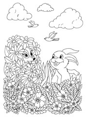 Illustration. Rabbit and skunk are playing hide and seek in flowers. Coloring book. Antistress for adults and children. The work was done in manual mode. Black and white.