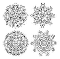 Illustration. Mandala, snowflakes. Coloring book. Antistress for adults and children. The work was done in manual mode. Black and white.