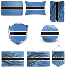 Set of the national flag of Botswana in different designs on a white background. Realistic vector illustration.