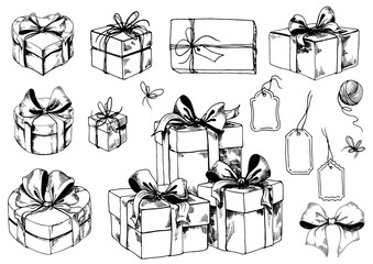 Set of sketched gift boxes and accessories. Hand drawn vector illustration.