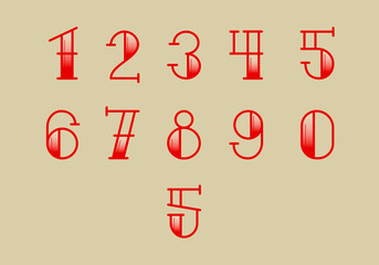 Alphabet numbers in old traditional tattoo letters custom colored red whit shadow vector and fine line