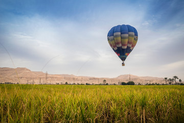 Colorful hot air balloon flying over the valley of kings on the west bank of the Nile river, Luxor, Egypt