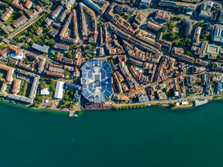 Drone shot of vevey city with stadium