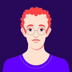 Portrait of an European man. Avatar of a red-haired guy with glasses. Colorful portrait. Student of the university. Vector bright illustration in flat style.