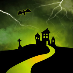 A path leads to a silhouetted haunted house. Lightening fills the sky as a bat flies in the air.