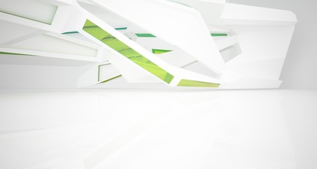 Abstract architectural white and glass gradient color interior of a minimalist house with large windows. 3D illustration and rendering.