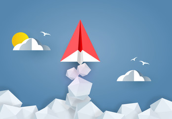Paper Rocket or airplane launch.  Concept of business start-up, boost or success