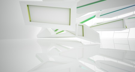Abstract architectural white and glass gradient color interior of a minimalist house with large windows. 3D illustration and rendering.