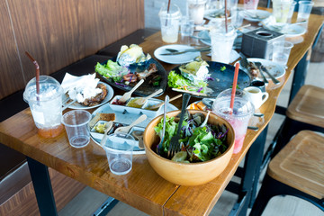 A table after eating healthy food together in the restaurant