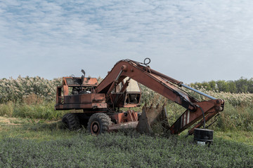 Fototapeta premium Abandoned broken old rusty excavator. Forgotten technics.