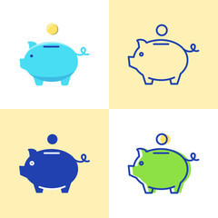 Piggy bank icon set in flat and line style