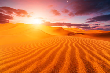 Sunset over the sand dunes in the desert - obrazy, fototapety, plakaty
