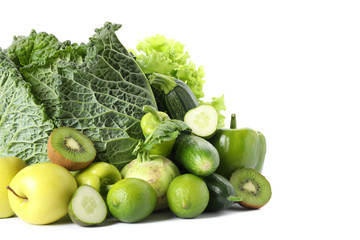 Fresh vegetables and fruits isolated on white background