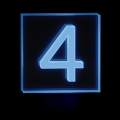 Obraz premium Clear transparent glass or plexiglass display with luminous mathematical digit 4 Four inside on dark background, 3D rendered image