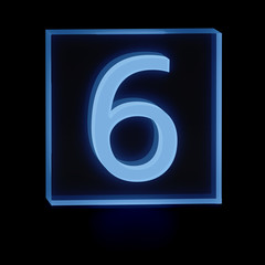 Obraz premium Clear transparent glass or plexiglass display with luminous mathematical digit 6 inside on dark background for interior decoration, 3D rendered image