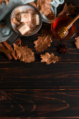 Iron mug with cocoa, honey, marshmallows, spices, on a background of a scarf, dry leaves on a wooden table. Autumn mood, a warming drink. Copy space.