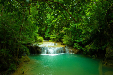 Fototapeta premium Waterfalls and lush vegetation during the rainy season.